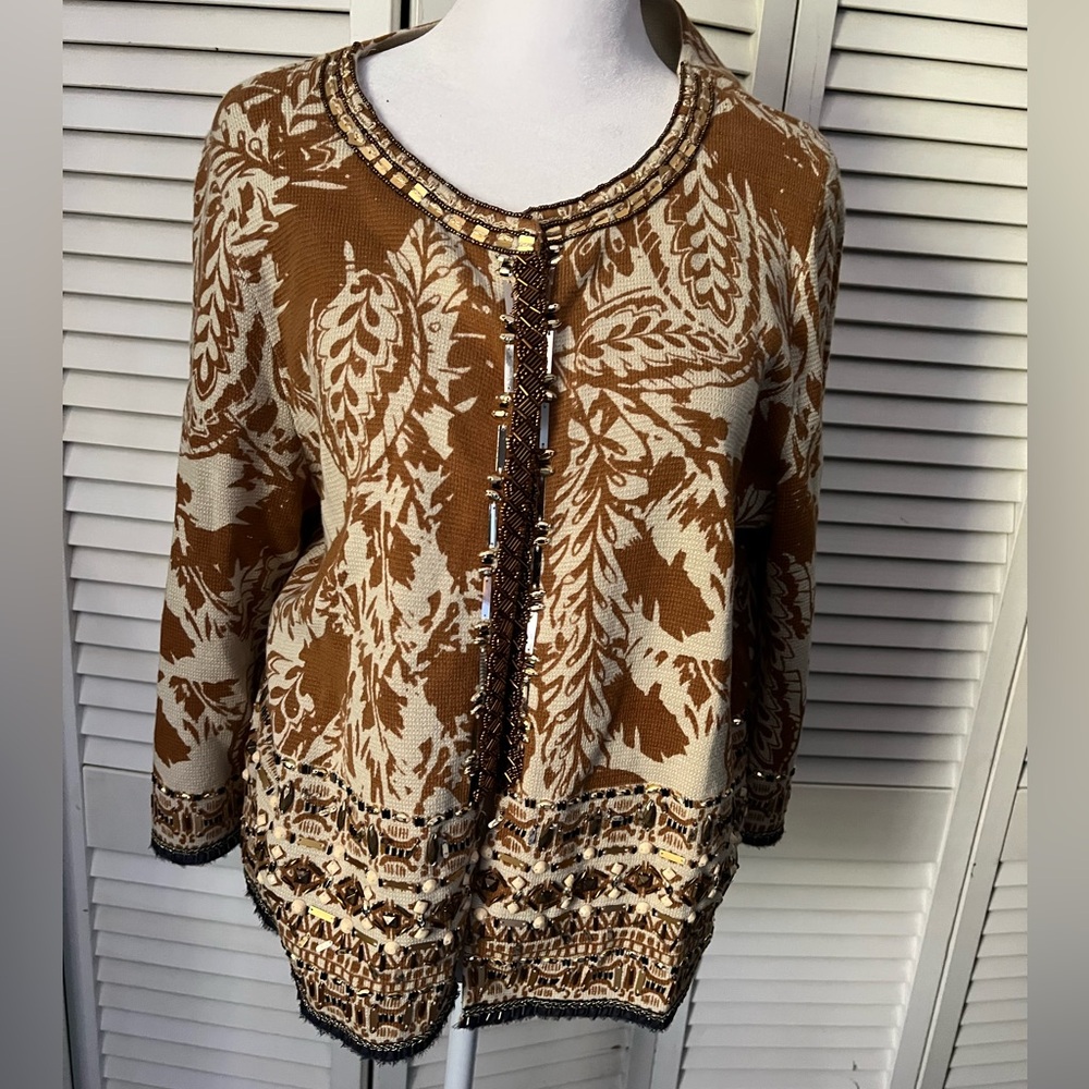 Chico’s Size 2 label (Size Large) Brown and Cream Patterned Cardigan